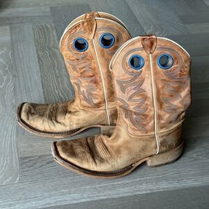 Mens 10.5 D Square Toe Leather Cowboy Boot Tan Blue Stitching Work Ranch Western